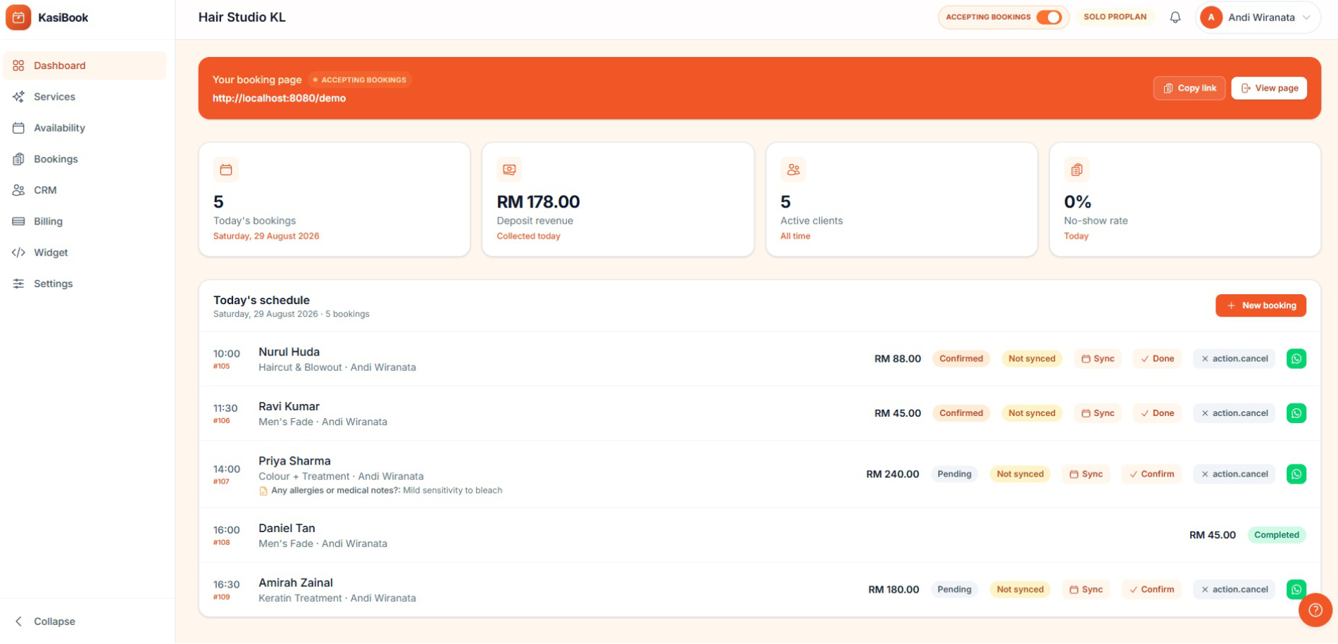Merchant dashboard — Today's schedule, deposits, and no-show stats at a glance.