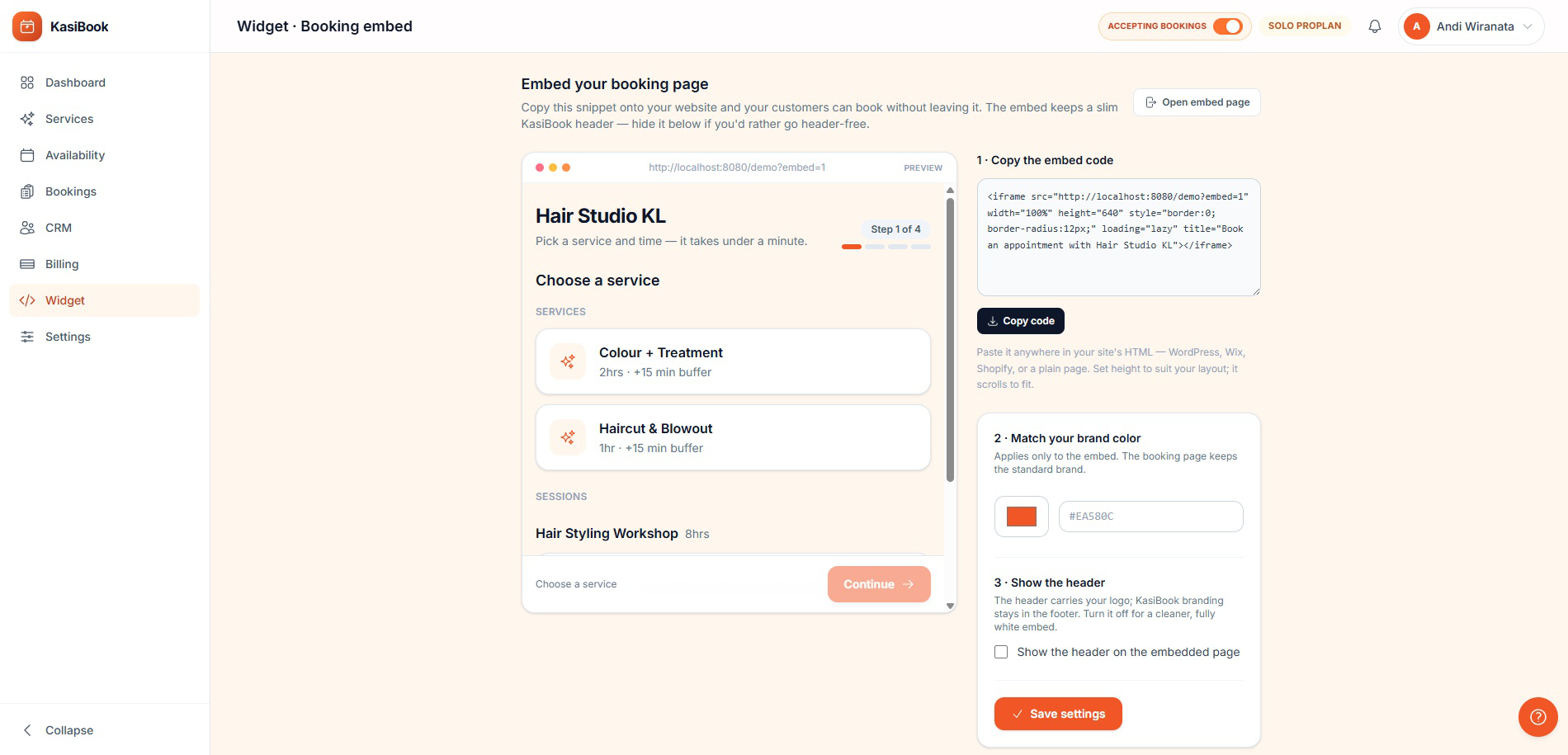Embeddable widget — Drop the booking page onto any website with one line of code.